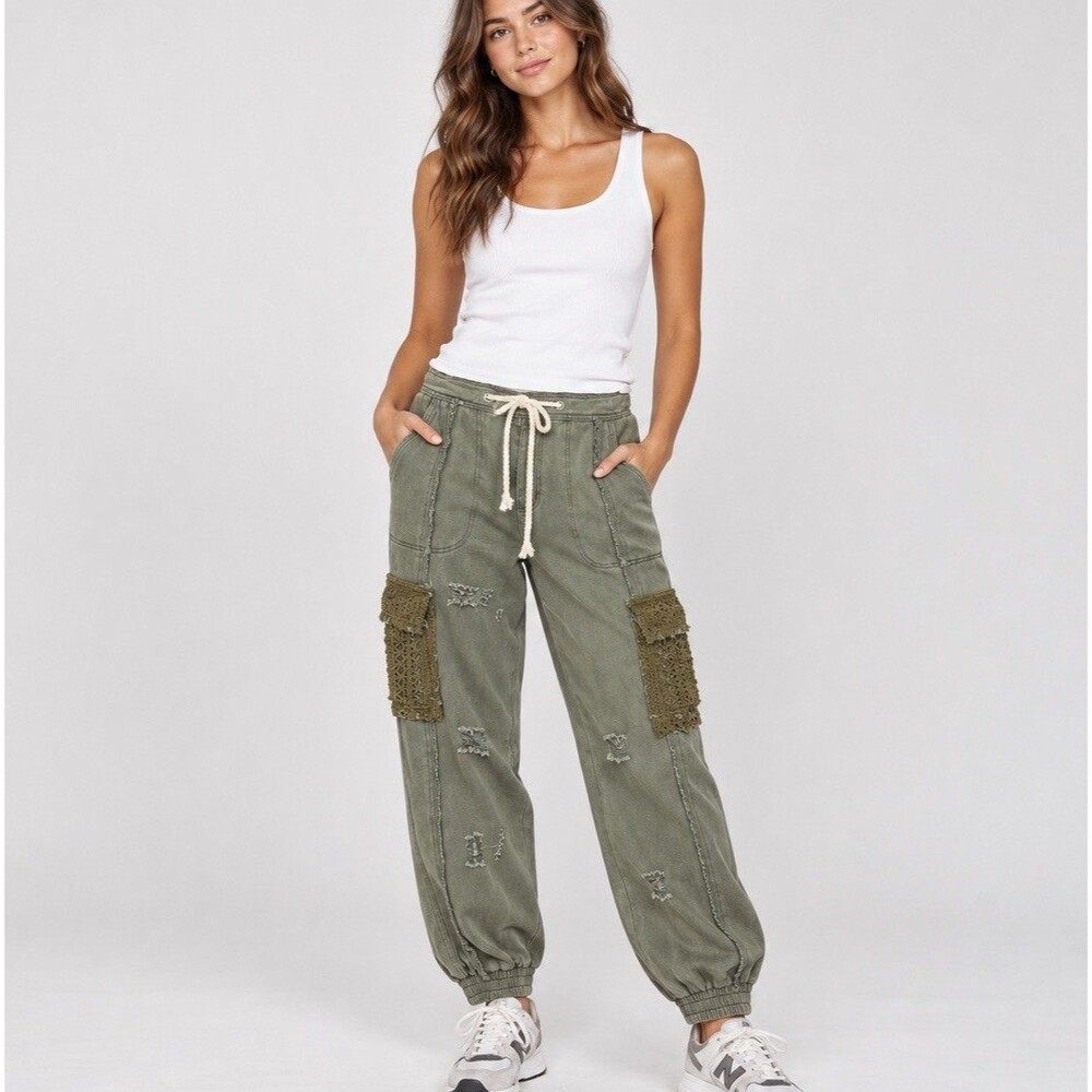 POL Womens S Olive Cargo Jogger Pants Distressed Crochet Pockets Boho Utility
